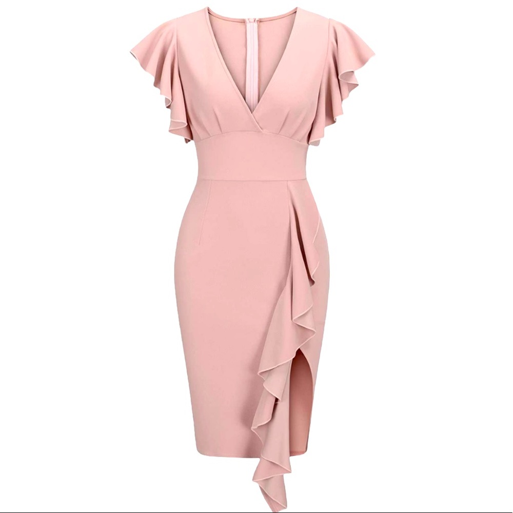 Blush Deep-V Neck Ruffle Sleeves Pencil Slit Dress